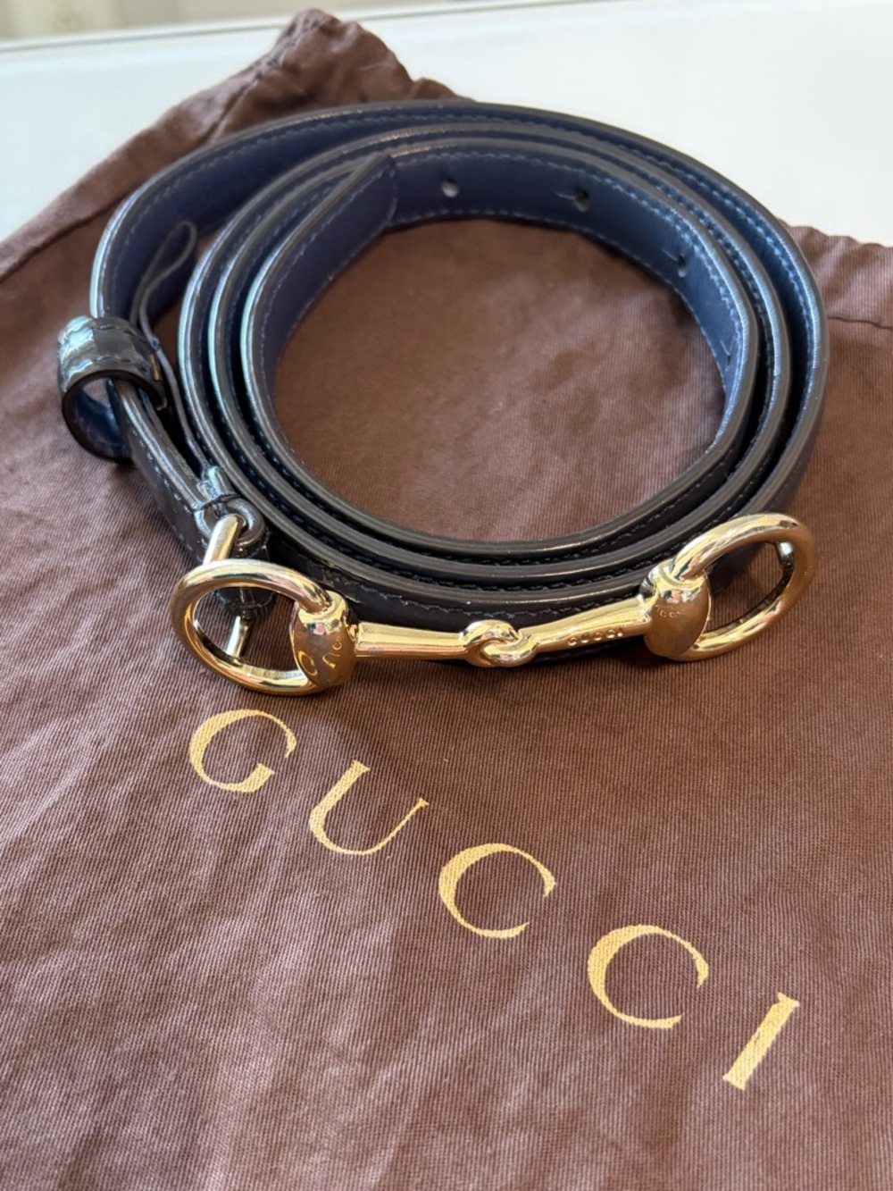 Gucci Navy Blue Horsebit Buckle Patent Leather Belt - Size 90/36 - Picture 1 of 7